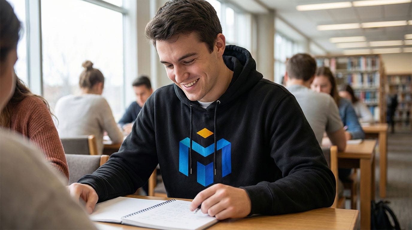 Un jeune homme travaille dans une bibliothèque remplie de monde. Il arbore le logo de MMI Castres sur son sweatshirt noir.